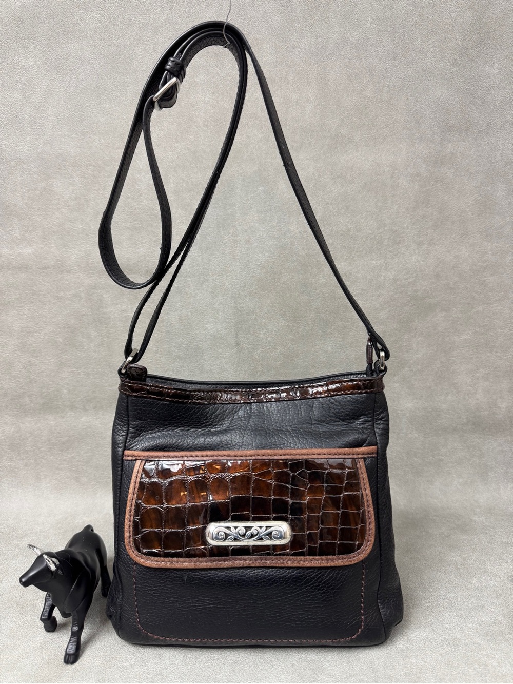 Brighton Black Leather Crossbody with Brown Croc-Embossed Pocket